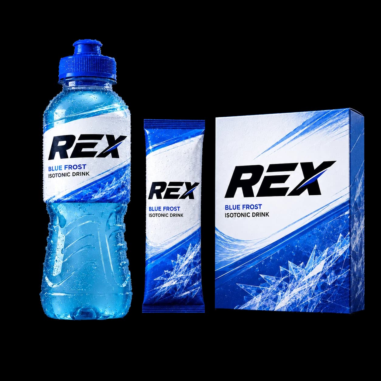 Packshot de REX Blue Frost con botella, stick y caja